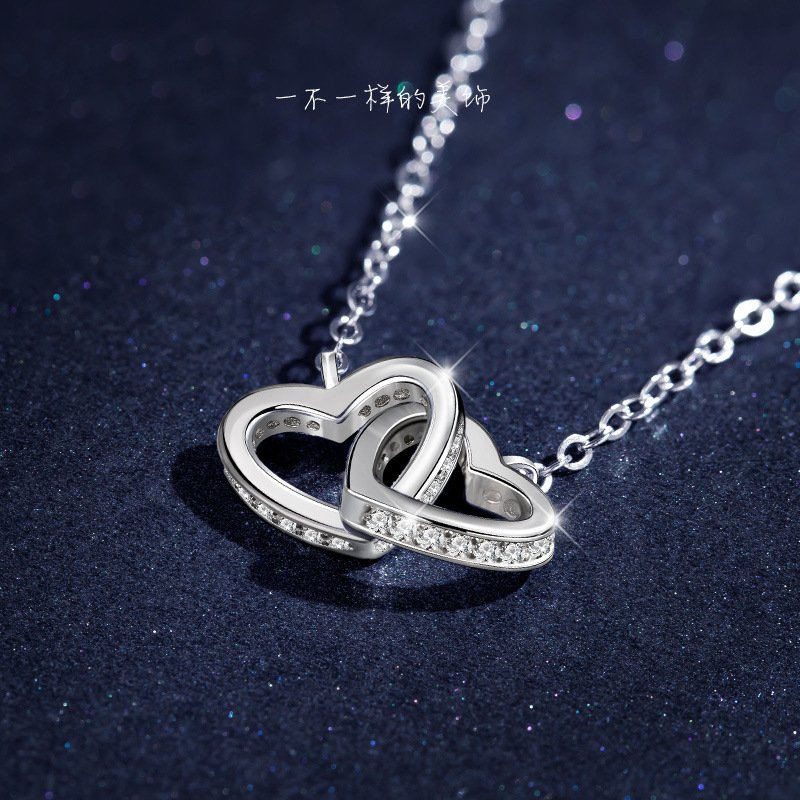 Heart and Heart Linked Silver Necklace Female 925 Jewelry Short Clavicle Chain Fashion Pendant One Necklace