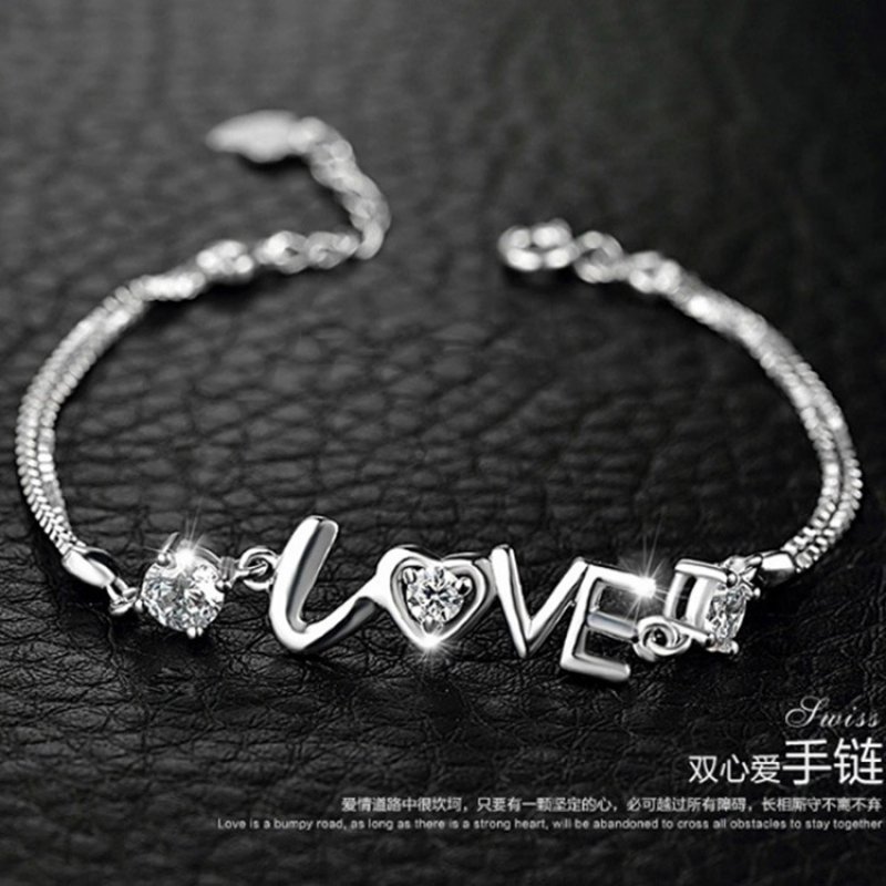 Romantic love silver female bracelet new love heart-shaped double diamond bracelet for girlfriend