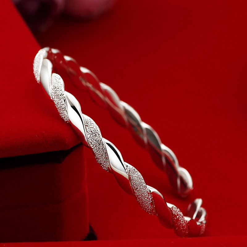 Twisted silver bracelet women frosted and polished interwoven bracelet fashion simple student young bracelet