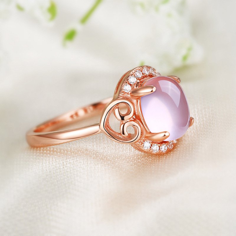 Pink crystal open ring 18K rose gold hibiscus stone ring colorful gold temperament open female ring tail ring