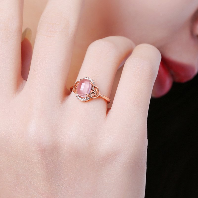 Pink crystal open ring 18K rose gold hibiscus stone ring colorful gold temperament open female ring tail ring