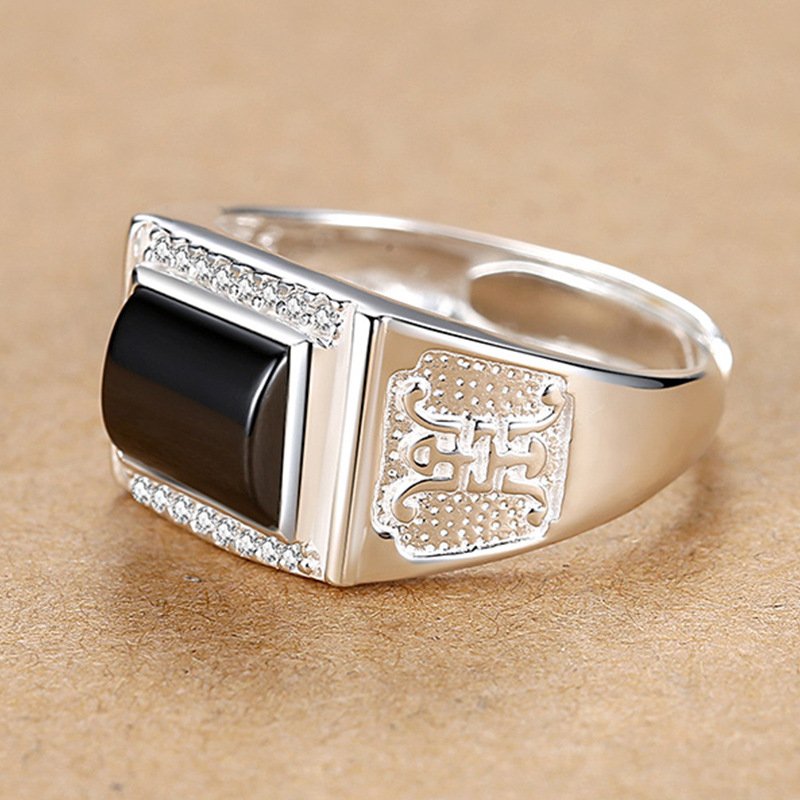 Men's silver ring 999 single open domineering ring black agate personality business hipster wide ring