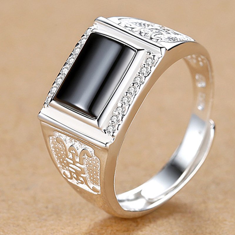 Men's silver ring 999 single open domineering ring black agate personality business hipster wide ring