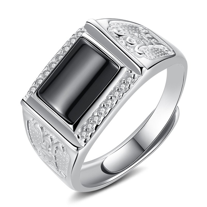 Men's silver ring 999 single open domineering ring black agate personality business hipster wide ring