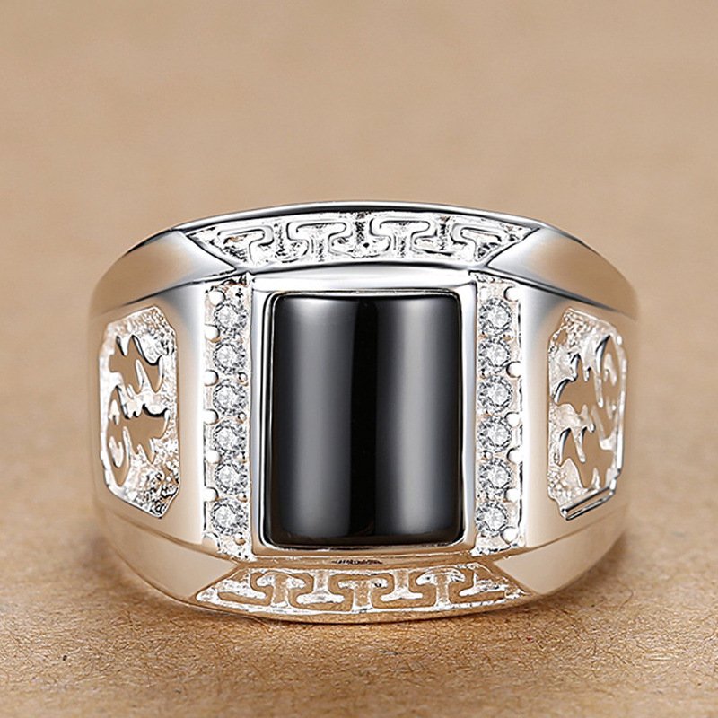 Cupronickel white gold ring men single domineering black agate ring personality open fashion index finger wide ring