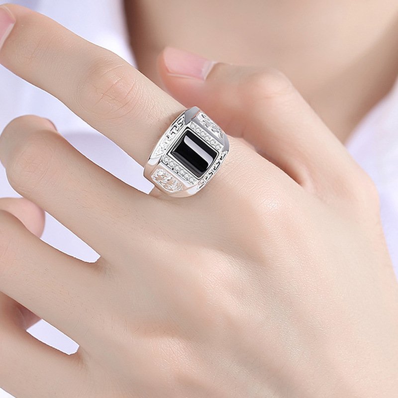 Cupronickel white gold ring men single domineering black agate ring personality open fashion index finger wide ring