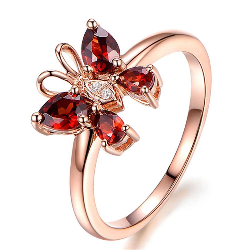 Red garnet ring female 18K rose gold temperament bow female ring opening adjustable ring hand jewelry