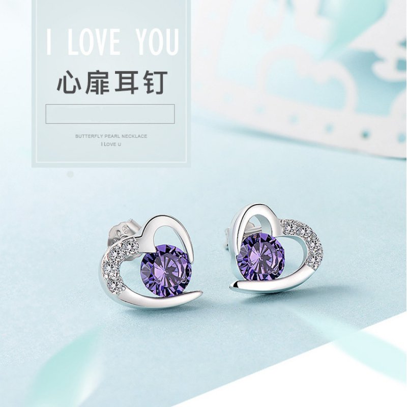 Silver earrings female cute heart-shaped amethyst petite earrings birthday gift