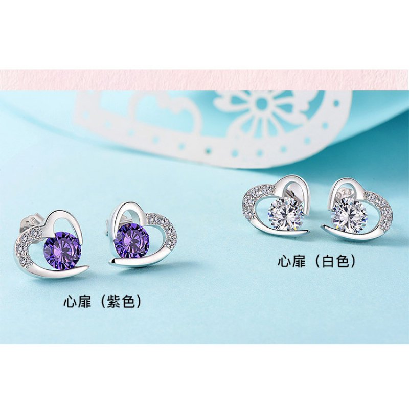 Silver earrings female cute heart-shaped amethyst petite earrings birthday gift