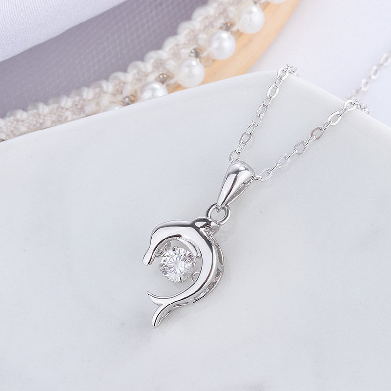 S999 sterling silver smart dolphin necklace female temperament beating heart pendant sweater chain jewelry